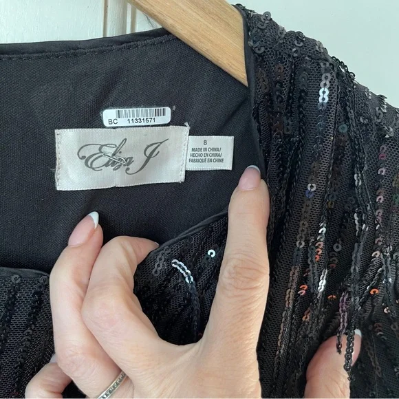 Eliza J Sequin Fringe Long Sleeve Jumpsuit Black 8 Evening Black Tie - Picture 11 of 14